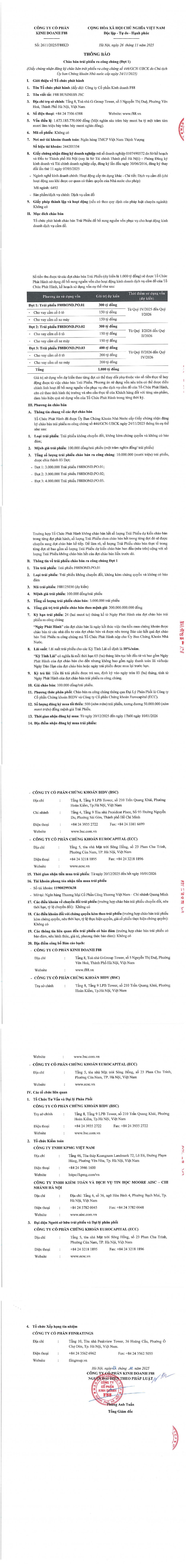 Công ty Cổ phần Kinh doanh F88 chào bán trái phiếu ra công chúng đợt 1 (kỳ 3)