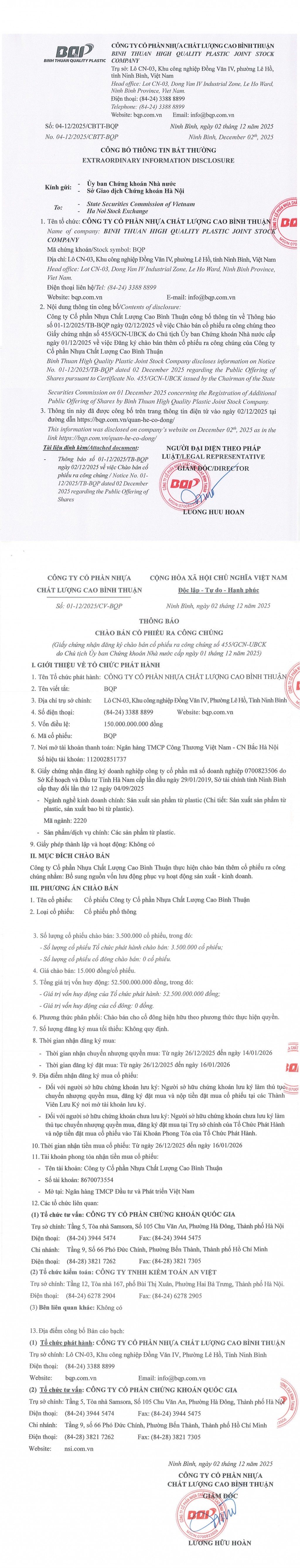 Công ty Cổ phần Nhựa Chất lượng cao Bình Thuận thông báo chào bán cổ phiếu ra công chúng (Kỳ 2)