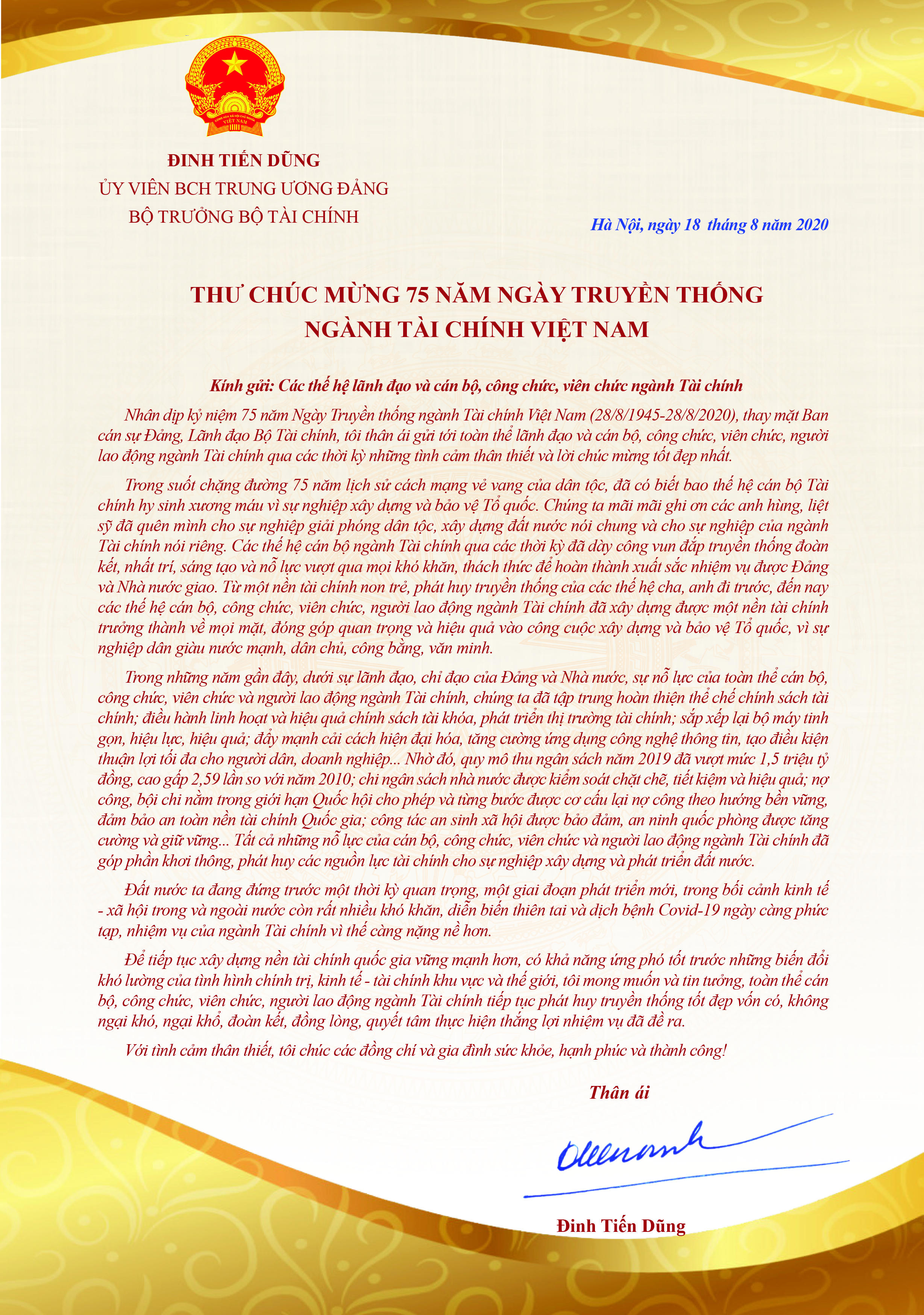 Bộ trưởng Đinh Tiến Dũng gửi thư chúc mừng nhân 75 năm Ngày Truyền thống ngành Tài chính  - Ảnh 1