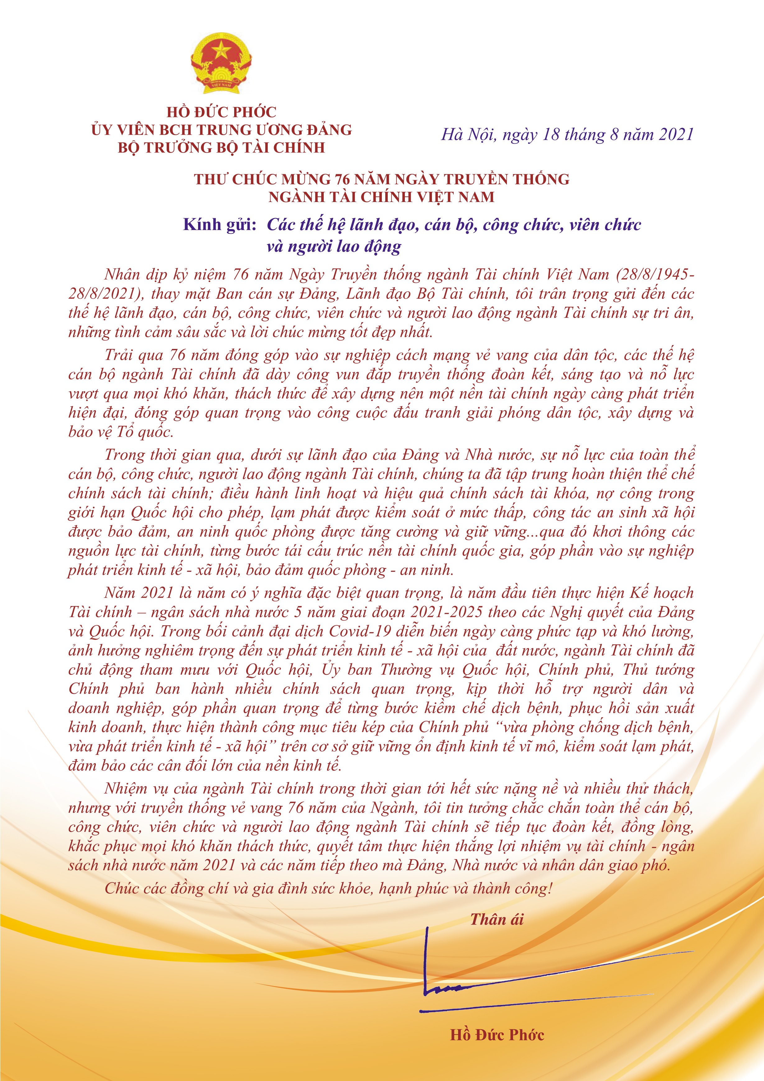 Bộ trưởng Hồ Đức Phớc gửi Thư chúc mừng nhân 76 năm Ngày Truyền thống ngành Tài chính - Ảnh 1