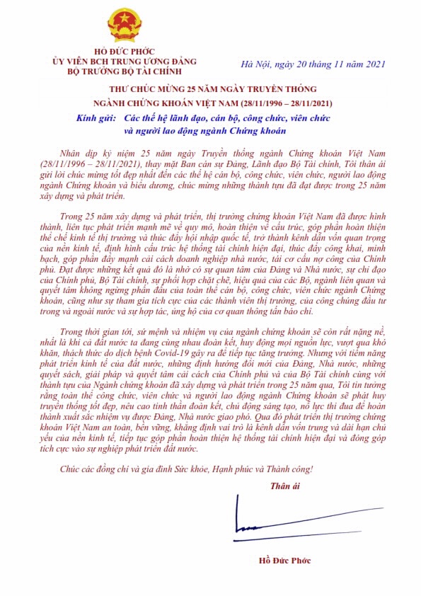 Bộ trưởng Hồ Đức Phớc chúc mừng 25 năm ngày Truyền thống ngành Chứng khoán Việt Nam - Ảnh 1