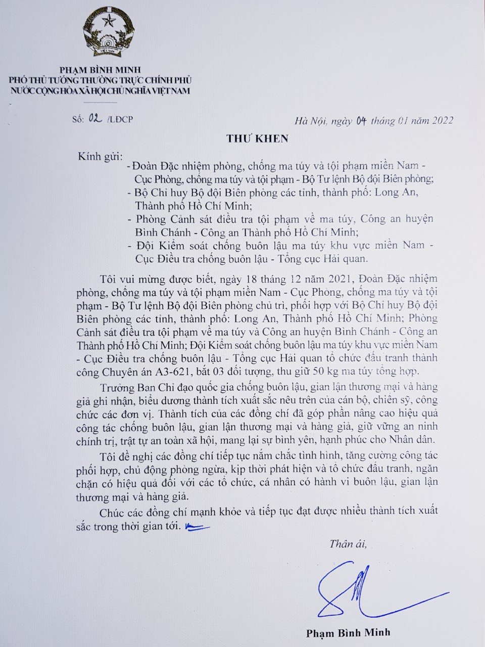 Trưởng Ban Chỉ đạo 389 quốc gia gửi Thư khen lực lượng chống buôn lậu ma túy  - Ảnh 1