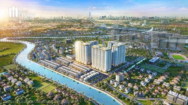 Hanoi Melody Residences sở hữu vị trí đắc địa, bao quanh bởi những mảng xanh rộng lớn. Ảnh: HTL