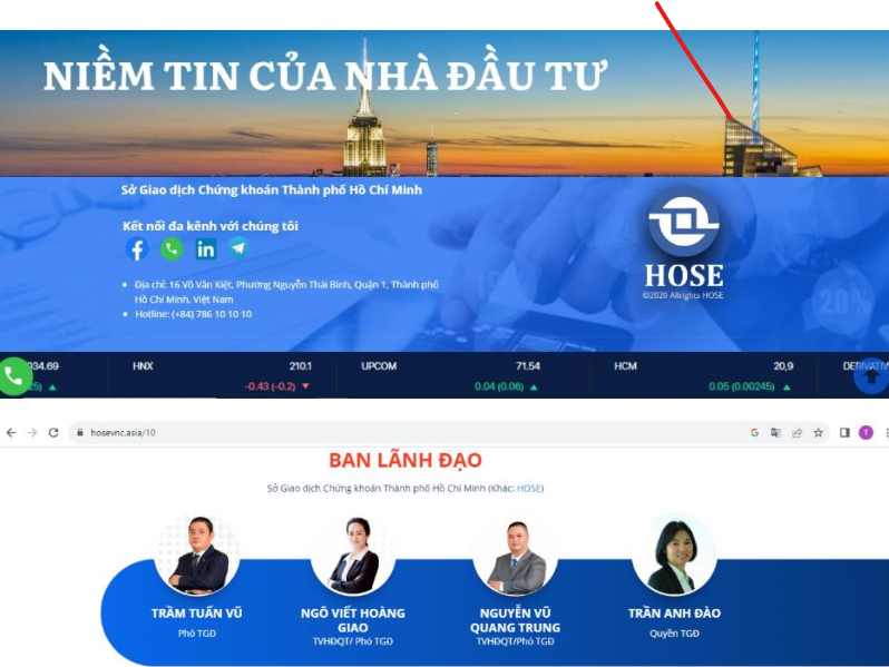 Hình ảnh web giả mạo logo, hình ảnh của lãnh đạo HOSE.
