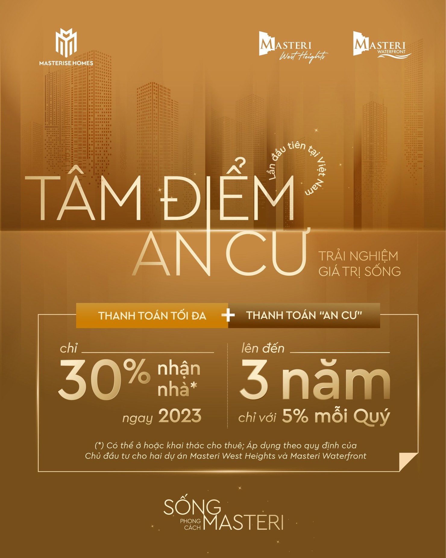 Với chính sách “Thanh toán an cư”, khách hàng chỉ cần thanh toán 30% giá trị căn hộ để nhận nhà ở ngay hoặc cho thuê trong năm 2023.