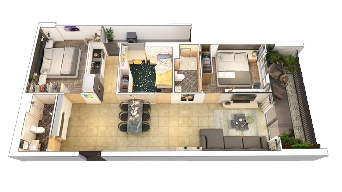 Mặt bằng căn hộ 3PN Zen Tower – Feliz Homes.