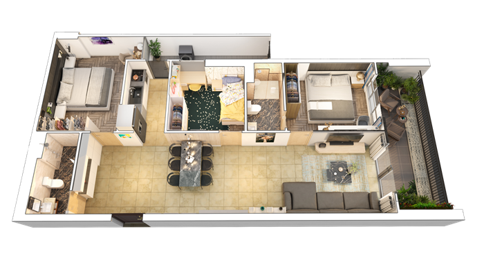 Mặt bằng căn hộ 3 phòng ngủ của Zen Tower – Feliz Homes.