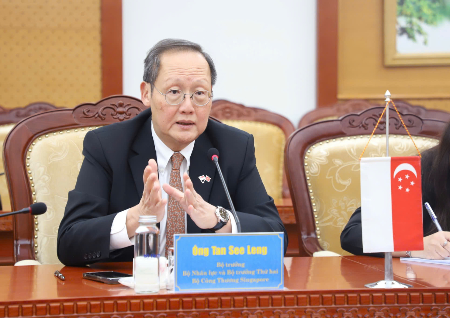 Bộ trưởng Bộ Nhân lực kiêm Bộ trưởng thứ hai Bộ Công Thương Singapore Tan See Leng phát biểu tại cuộc làm việc.