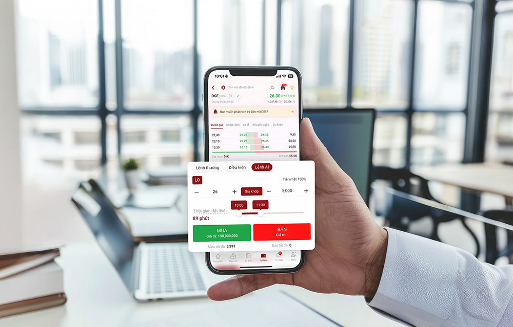 Lệnh AI của DNSE hỗ trợ phân bổ lệnh khối lượng lớn, tối ưu giá và hiệu quả giao dịch. 