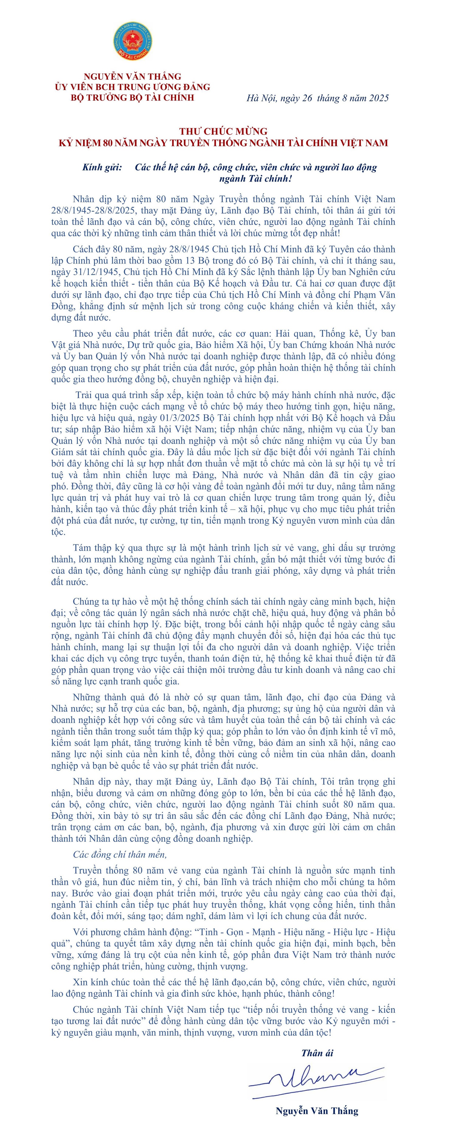 Bộ trưởng Nguyễn Văn Thắng gửi Thư chúc mừng kỷ niệm 80 năm ngày Truyền thống ngành Tài chính Việt Nam - Ảnh 1