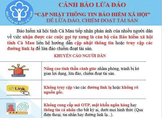BHXH tỉnh Cà Mau canh báo tình trạng giả danh cán bộ nhân viên cơ quan BHXH để lừa đảo. Ảnh: BHXH tỉnh Cà mau cung cấp