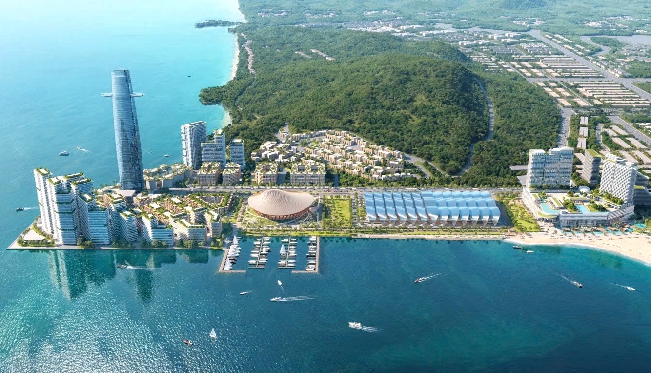 Phối cảnh khu tổ hợp hội nghị, nghỉ dưỡng với tòa tháp 220 m ở Phú Quốc. Ảnh: Sun Group