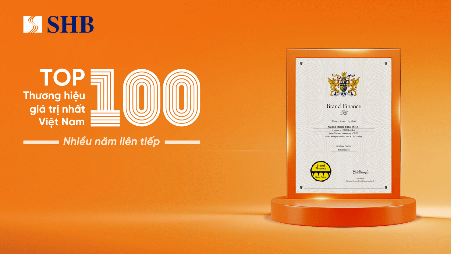 Nhiều năm liên tiếp SHB đạt Top 100 thương hiệu giá trị nhất Việt Nam