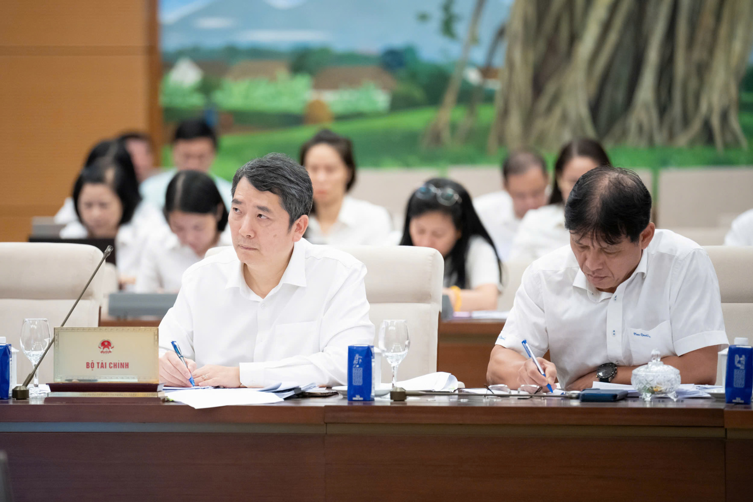 Thứ trưởng Bộ Tài chính Cao Anh Tuấn (bên trái) tại phiên họp.