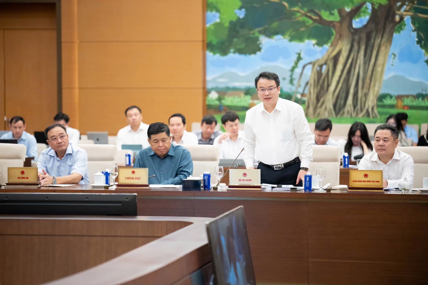 Thứ trưởng Bộ Tài chính Trần Quốc Phương báo cáo tại phiên họp.