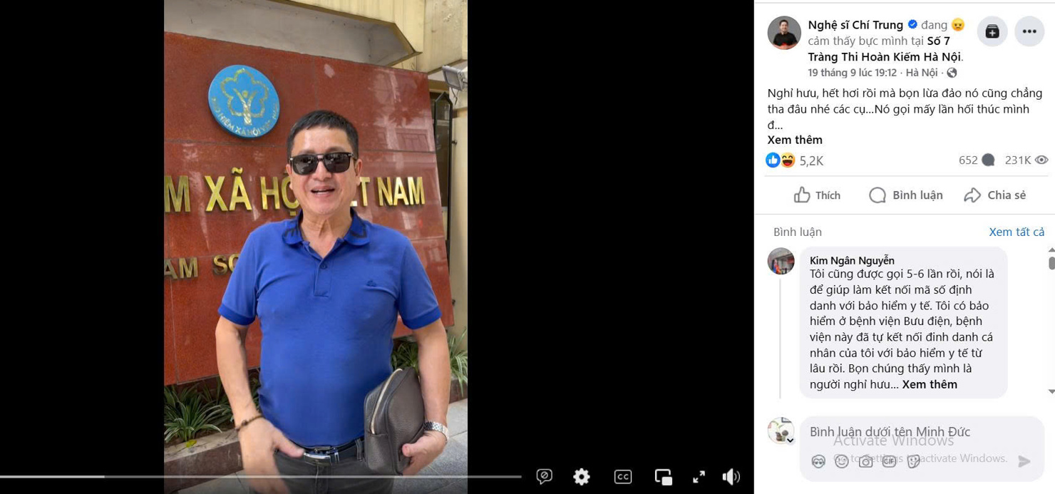 Nghệ sĩ Chí Trung đăng tải clip cảnh báo về hành vi giả mạo cán bộ cơ quan Bảo hiểm xã hội. (Ảnh chụp từ Facebook Nghệ sĩ Chí Trung)