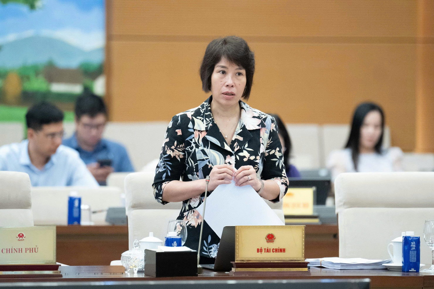 Thứ trưởng Bộ Tài chính Nguyễn Thị Bích Ngọc trình bày tờ trình.