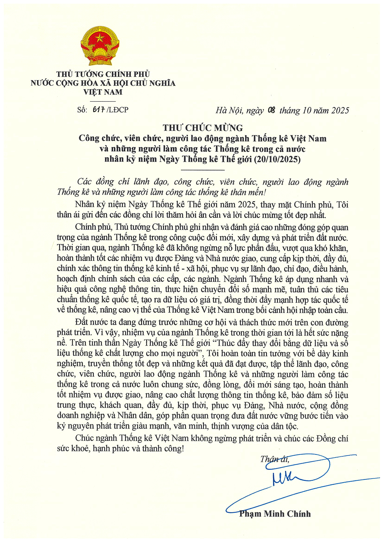 Thủ tướng Phạm Minh Chính gửi Thư chúc mừng ngành Thống kê Việt Nam  - Ảnh 1