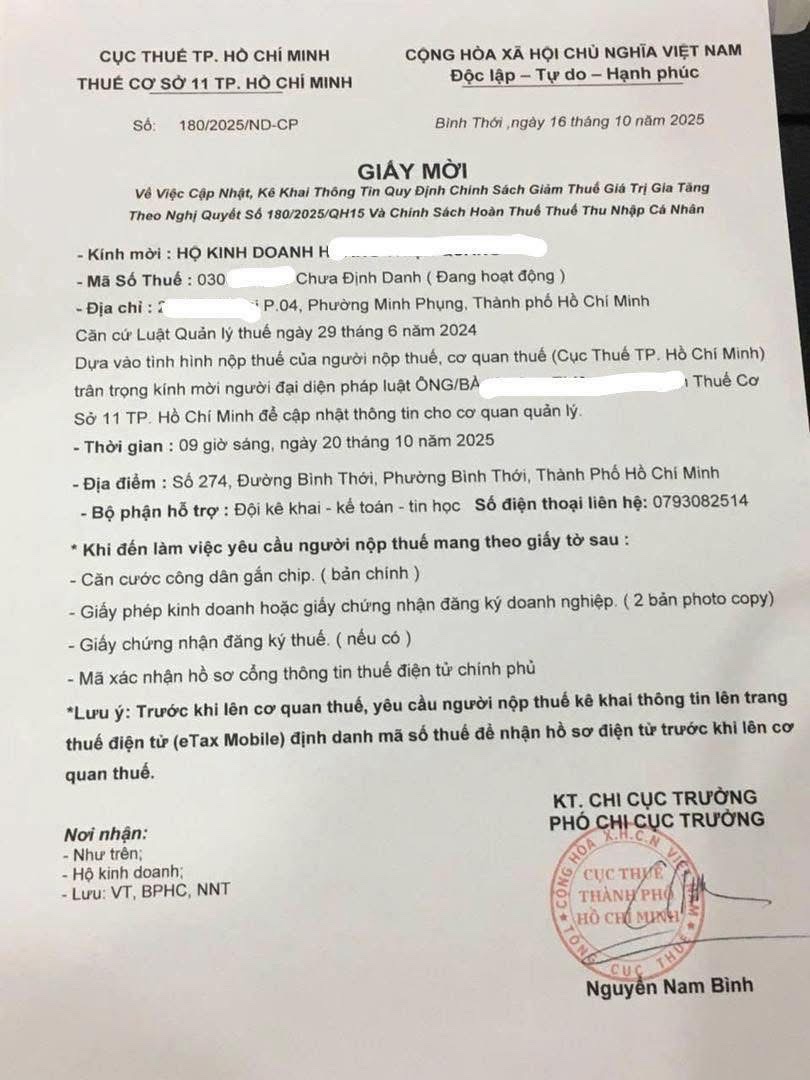 Giấy mời giả mạo cơ quan thuế về yêu cầu cập nhật thông tin, chính sách thuế. Ảnh: Đức Mỹ