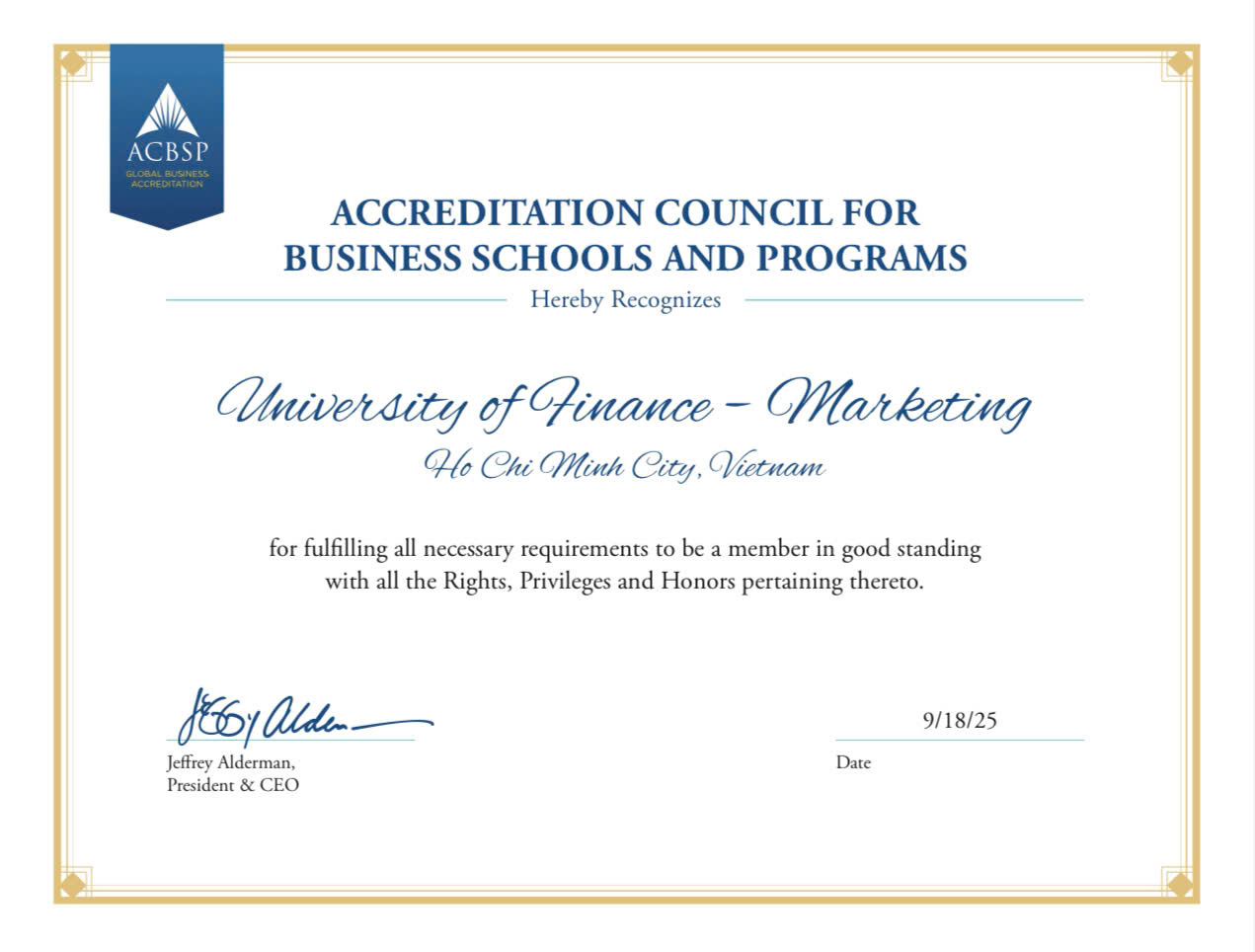 UFM được trao Chứng nhận của ACBSP