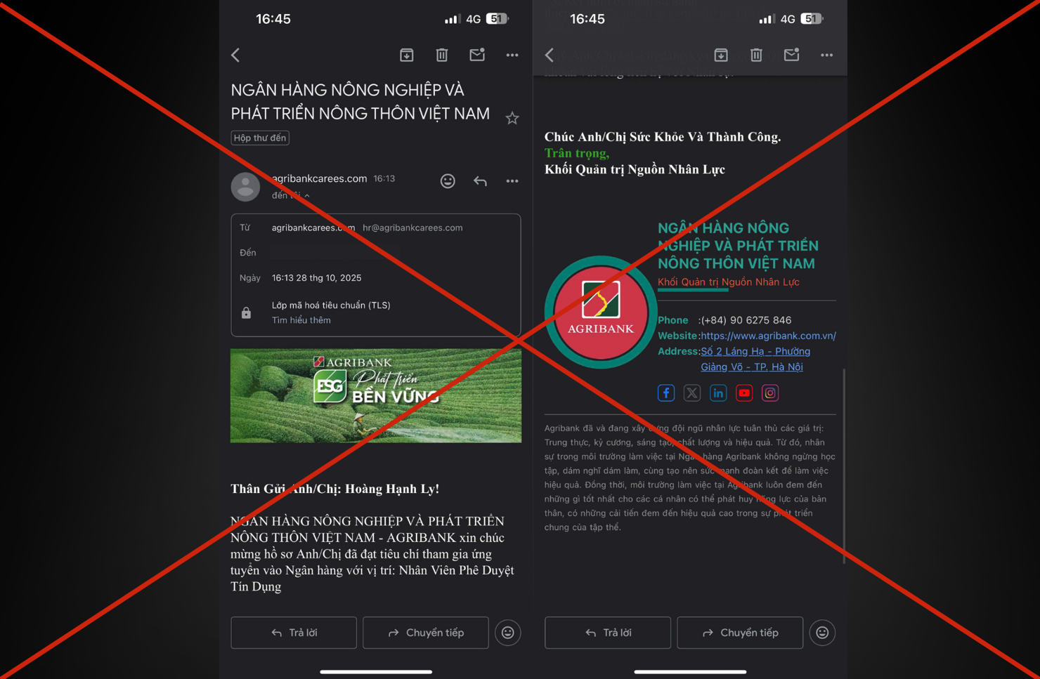 Kẻ gian giả mạo thương hiệu Agribank gửi thông tin tuyển dụng qua thư điện tử.