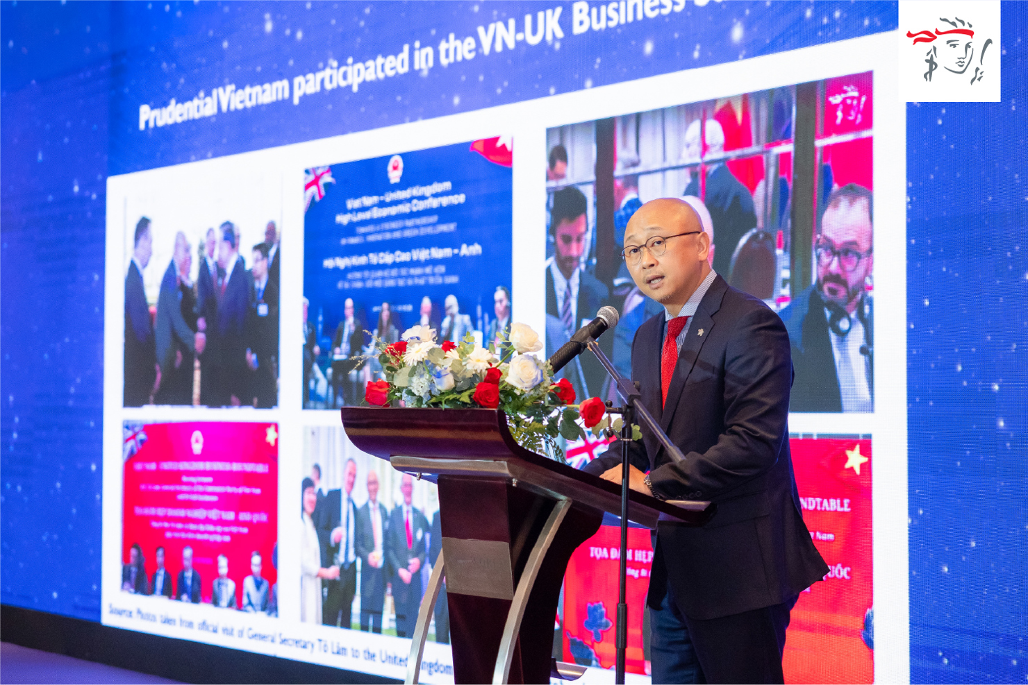 Ông Kevin Kwon - Tổng Giám đốc Prudential Việt Nam chia sẻ về vai trò của bảo hiểm trong chiến lược xây dựng Trung tâm Tài chính Quốc tế của Việt Nam tại Hội nghị thượng đỉnh doanh nghiệp Anh-Việt 2025. Ảnh: Prudential.