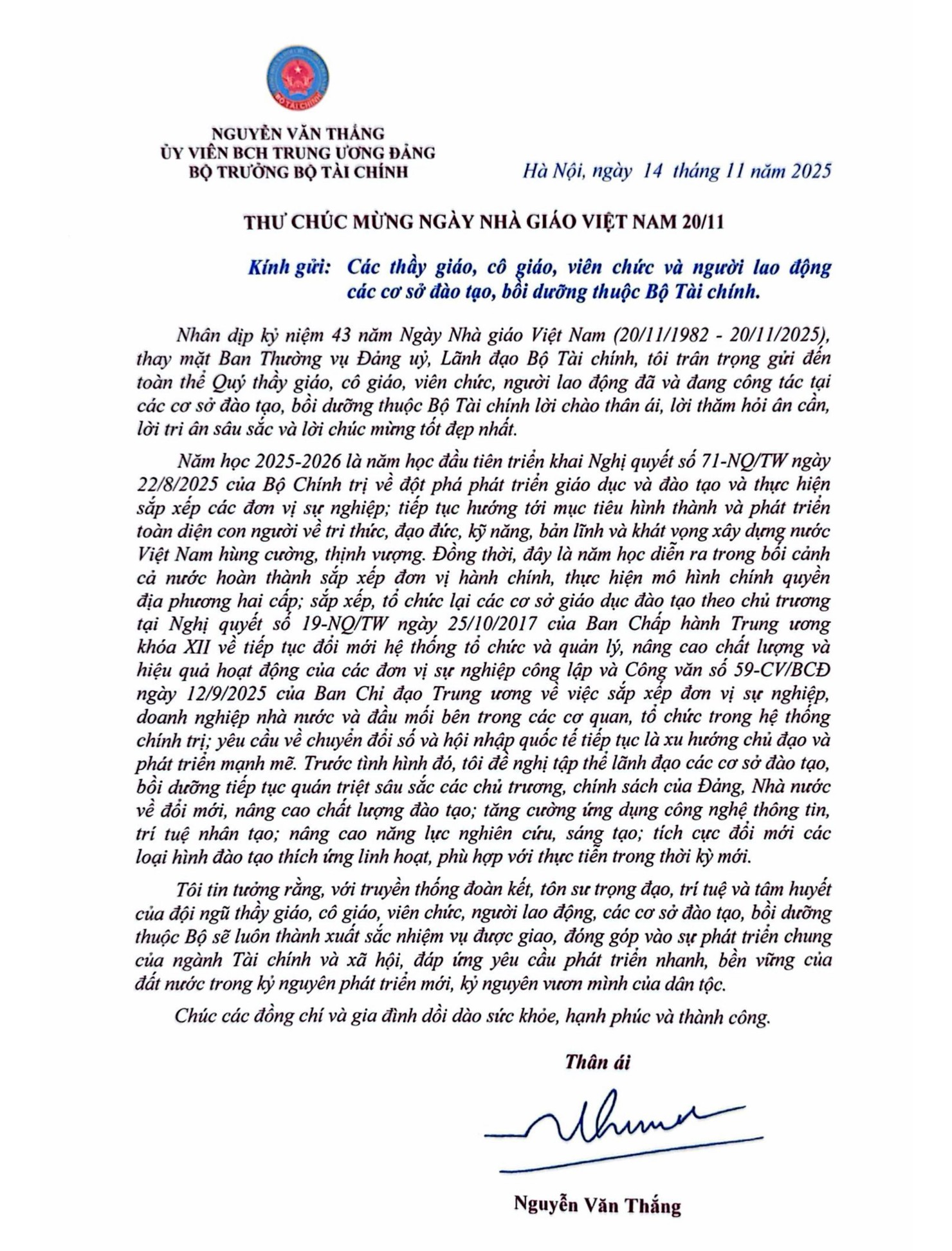 Bộ trưởng Bộ Tài chính Nguyễn Văn Thắng chúc mừng ngày Nhà giáo Việt Nam - 20/11 - Ảnh 1