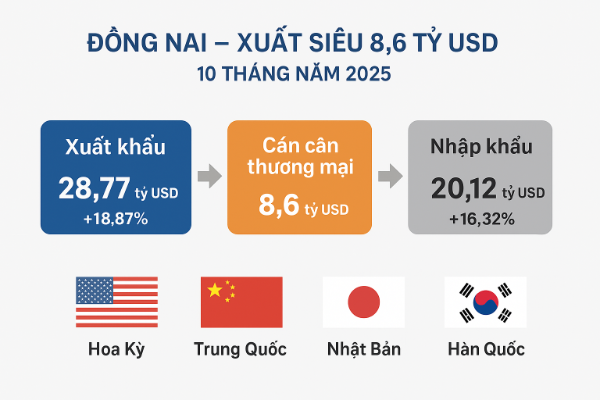 Đồng Nai dẫn đầu cả nước về xuất siêu với 8,6 tỷ USD trong 10 tháng năm 2025.