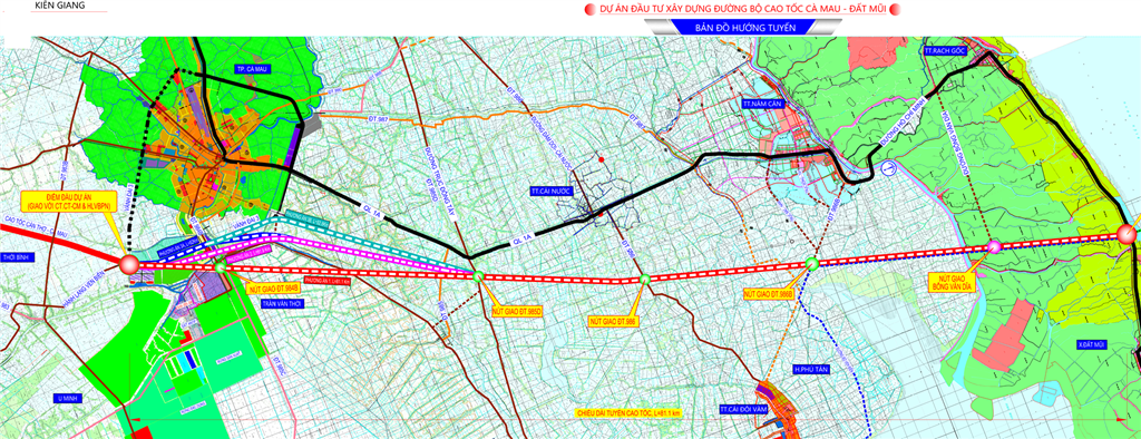 Phối  cảnh dự án cao tốc đường bộ Cà Mau - Đất Mũi (đường ngang màu đỏ). 